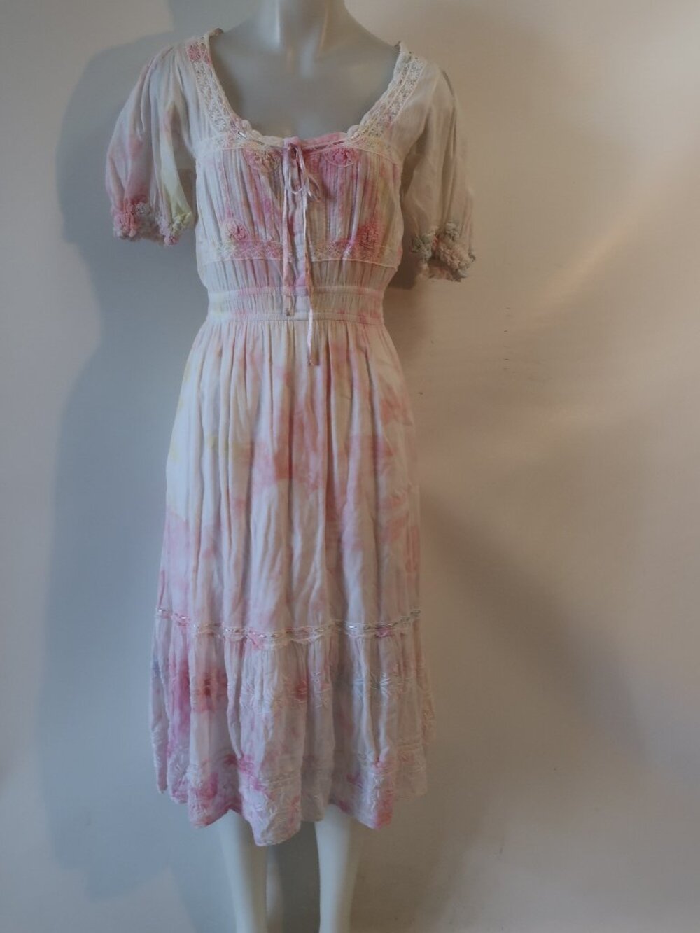 Womens LoveShackFancy Angie Pink White (Item-253) Floral Tie Dye Midi Dress XS